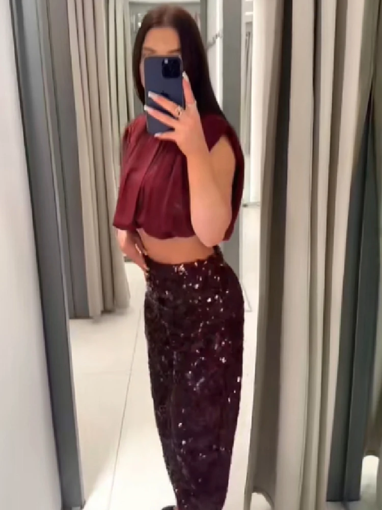 Conjunto de duas peças de lantejoulas brilhantes, feminino, gola redonda, bainha peluda, regata, calças compridas soltas, nova moda sexy, roupas de festa para mulheres, 2025