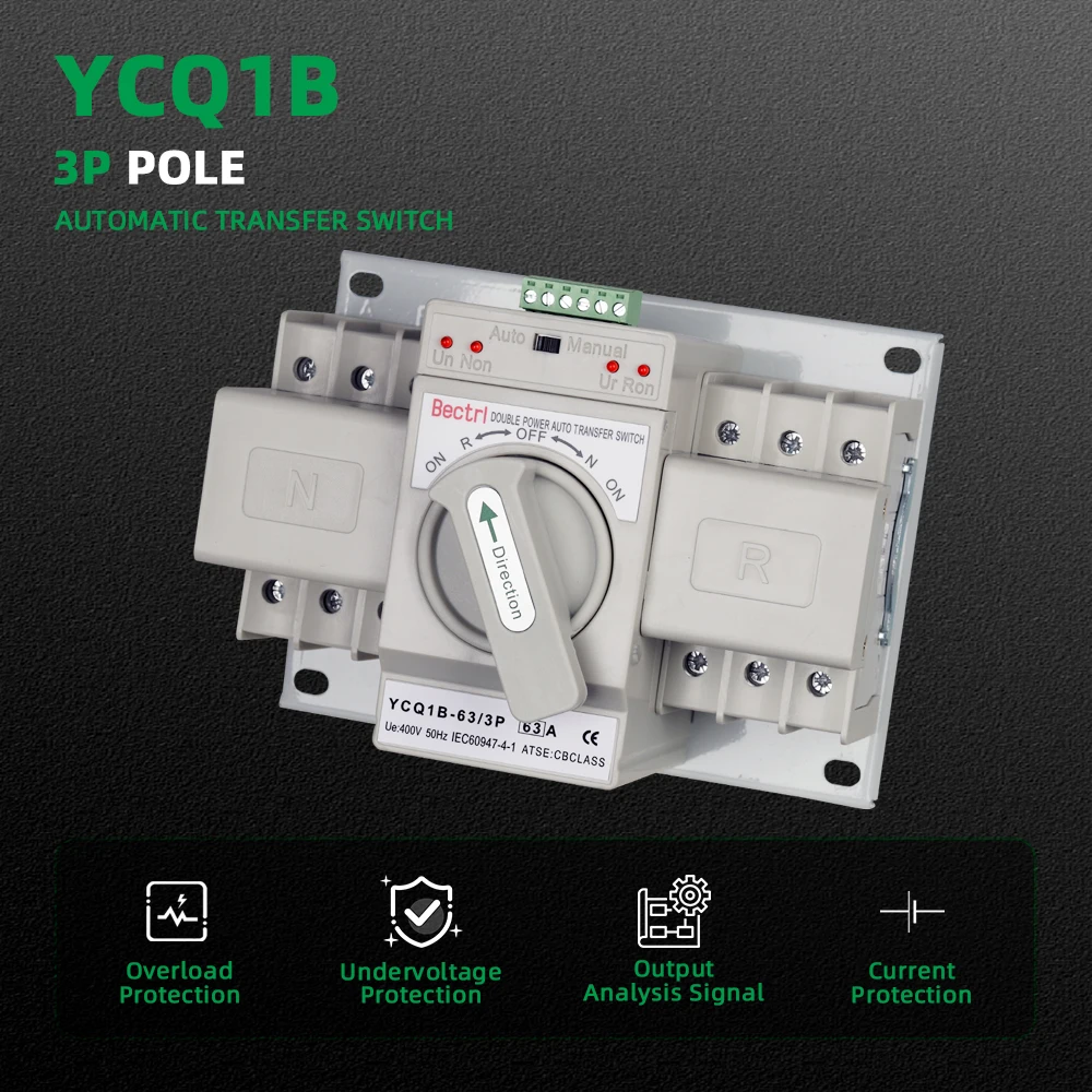 YCQ1B/63 50/60Hz Dual Power Automatic Transfer Switch MCB AC230V 3P 63A Auto/Manual Switching Circuit Breakers