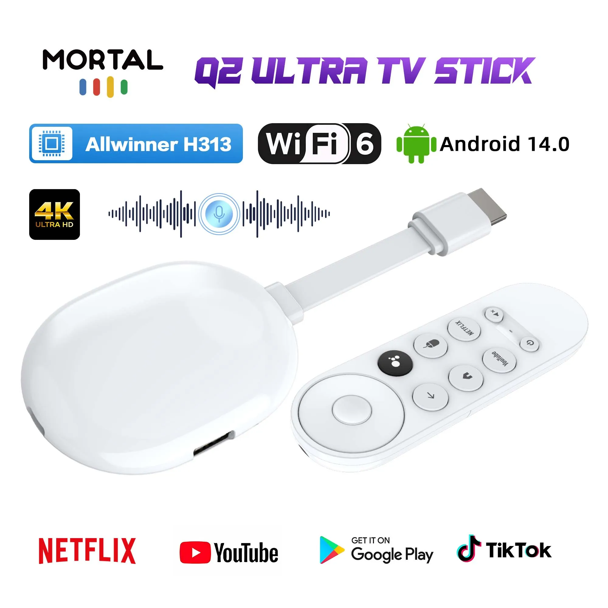 

Android14.0 Stick Allwinner H313 Quad Core 2G 16G Support Wifi6 BT5.0 4K Voice Remote box /dongle Multi Language Mortal Q2 ultra