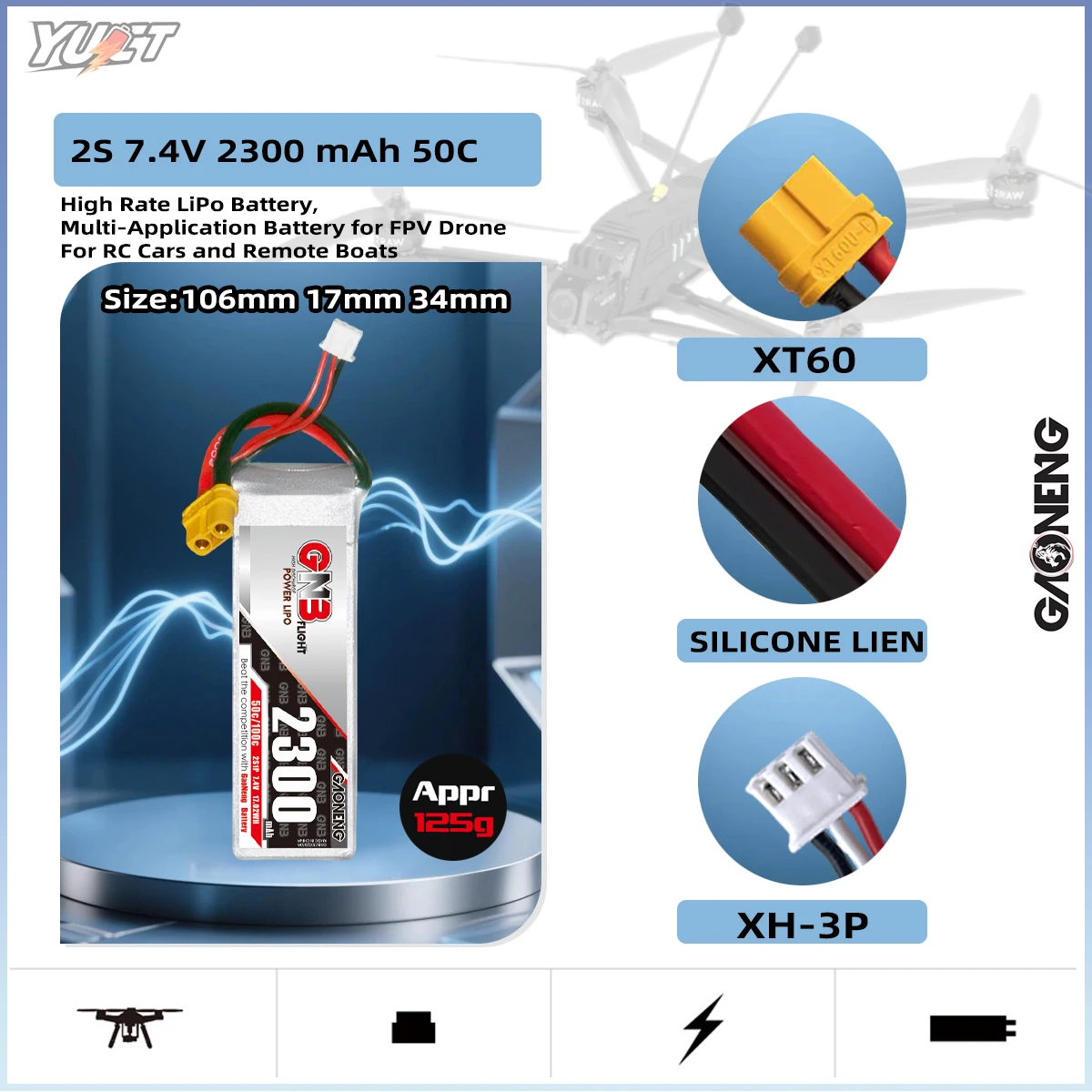 YUCT GNB 2S Lipo battery 7.4V 2300mah 50C/Max100C with XT60 Plug Lithium Battery Universal for RC Car/Drone/Boat Batteries