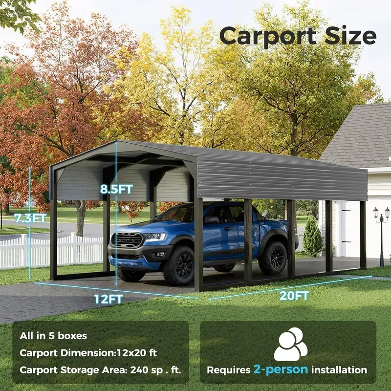 12x20 FT Carport 2x2 Reinforced Frame and 29 Gauge Leak Resistant Roof