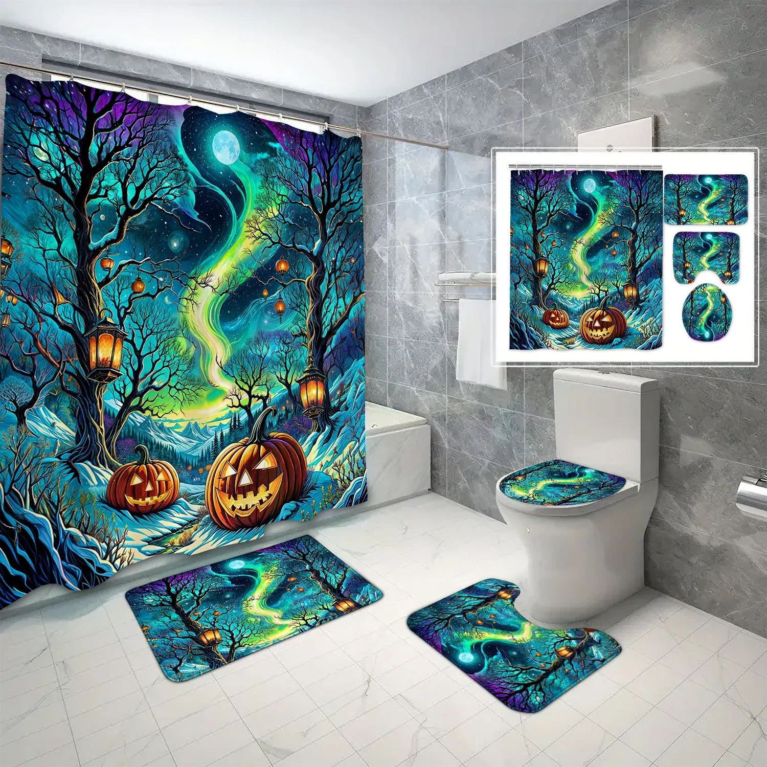 

Набор из 4 шт., шторы для душа с тыквой и тыквой на Хэллоуин с 12 крючками, водонепроницаемые шторы с принтом, коврики для ванной комнаты