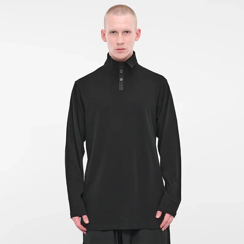 YOJI OOAK التصميم الأصلي الوقوف طوق أسود طويل الأكمام قميص بولو طية صدر السترة بلوزة كاجوال زر تي شيرت للرجال #1