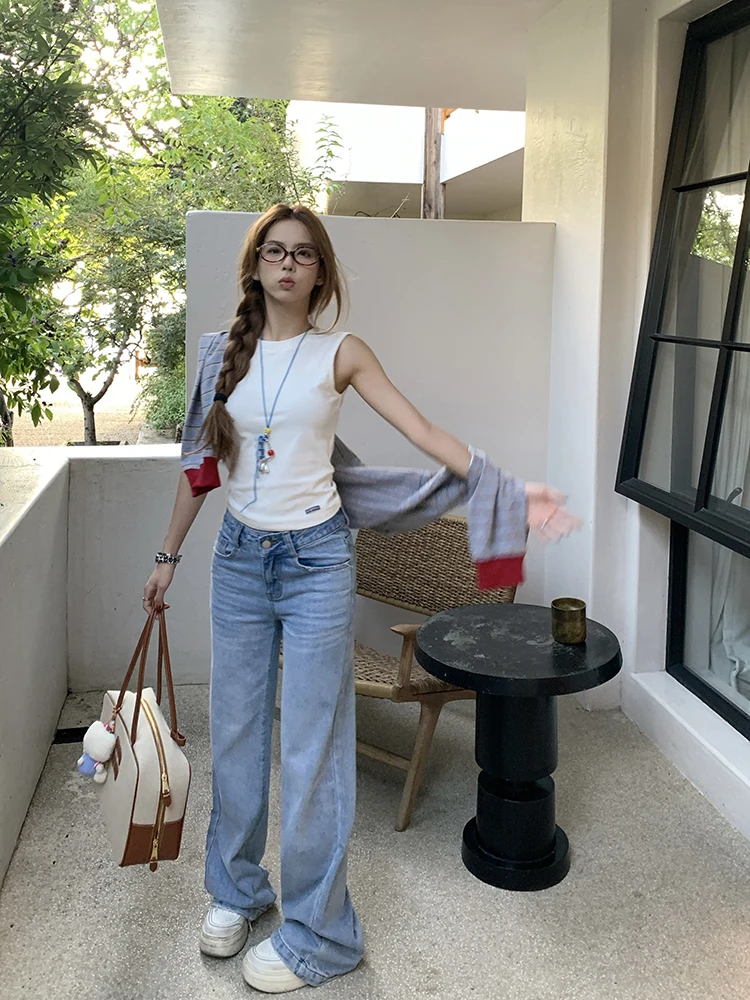 

Свободные прямые синие джинсы, женские осенние новые повседневные широкие брюки с низкой талией, винтажный вид, женские джинсы