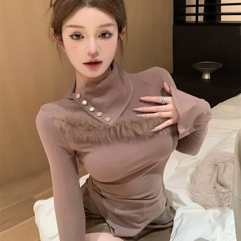 Nice Autumn Winter New Interior Lapping Fashion Patchwork Turtleneck Long Sleeve T-Shirts Ladies Fashionable Irregular Pullover