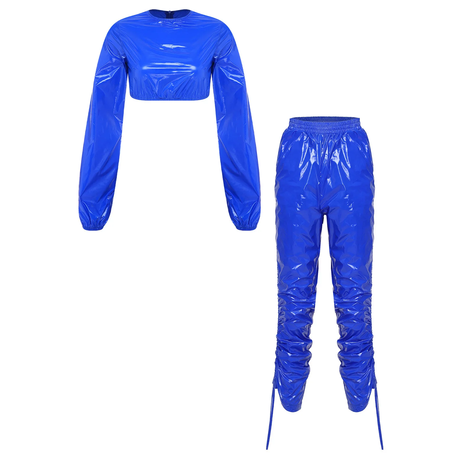 

Women Clubwear Waterproof Cosume Outfits Glossy Vinyl Outfit Long Sleeve Crop Top And Cargo Jogging Pants for Workout Jazz Dance