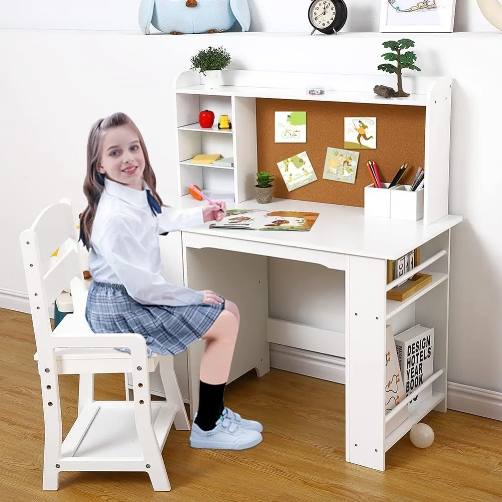 2pcs/set Children School Study Table Chair Set with Bookshelf & Bulletin Board Children School Study Table Chair Set for Boys & Girls Ages 3-8 ﻿