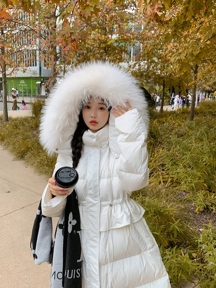 2023 Winter Down Jacket Women Long Parka Real Fur Coat Natural Raccoon Fur Collar Hood Thick Warm Streetwear Parkas New