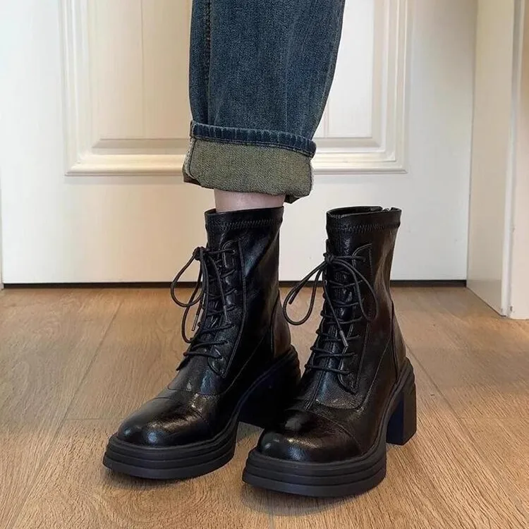 Women Thick Heel Ankle Boots Elegant Back Boots Leather Lace Up Short Boots Side Zipper Elastic Women Boot Fashion Winter