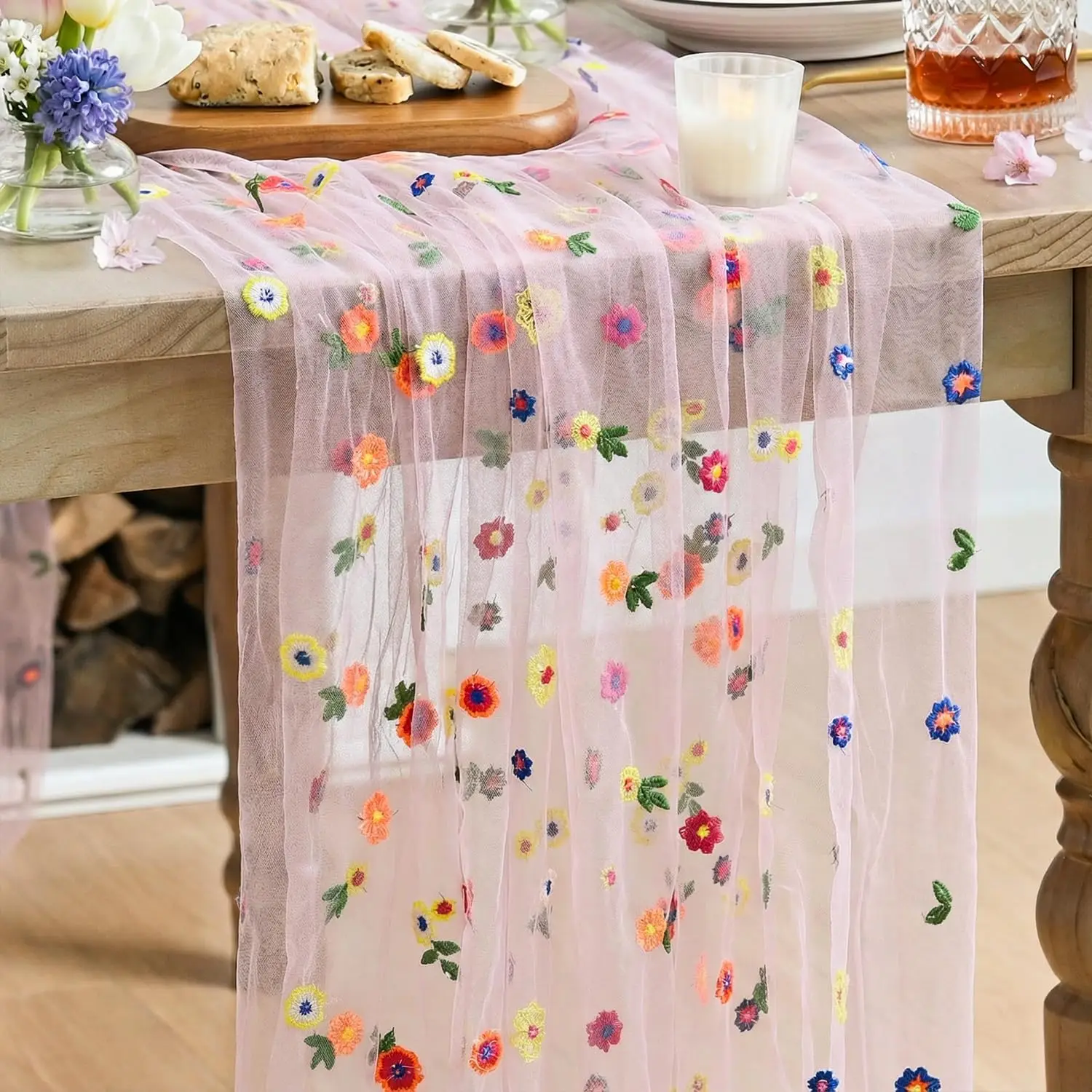 Pink Embroidery Daisy Gauze Table Runner Seasonal Sheer Kitchen Dining Holiday Wedding Birthday Table Decor for Home Party