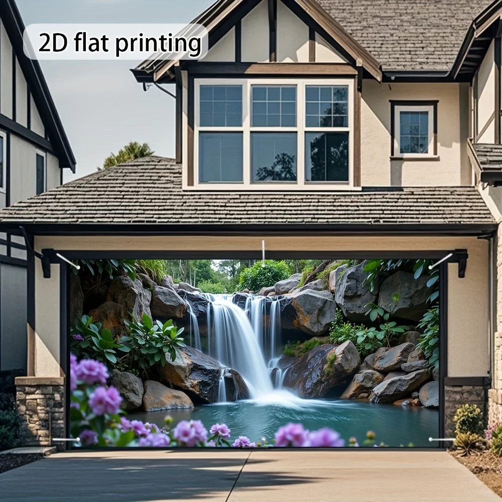 1pc landscape waterfall and flower garage door polyester banner, outdoor decoration, garden party, festival event