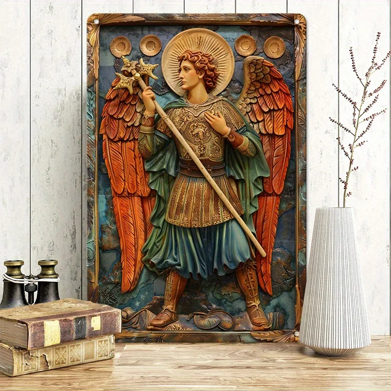 لوحة فنية جدارية من الألومنيوم من Archangel Michael Vintage، لافتة معدنية قديمة للمنزل والمرآب وديكور المقهى والحديقة - هدية مثالية للعطلات