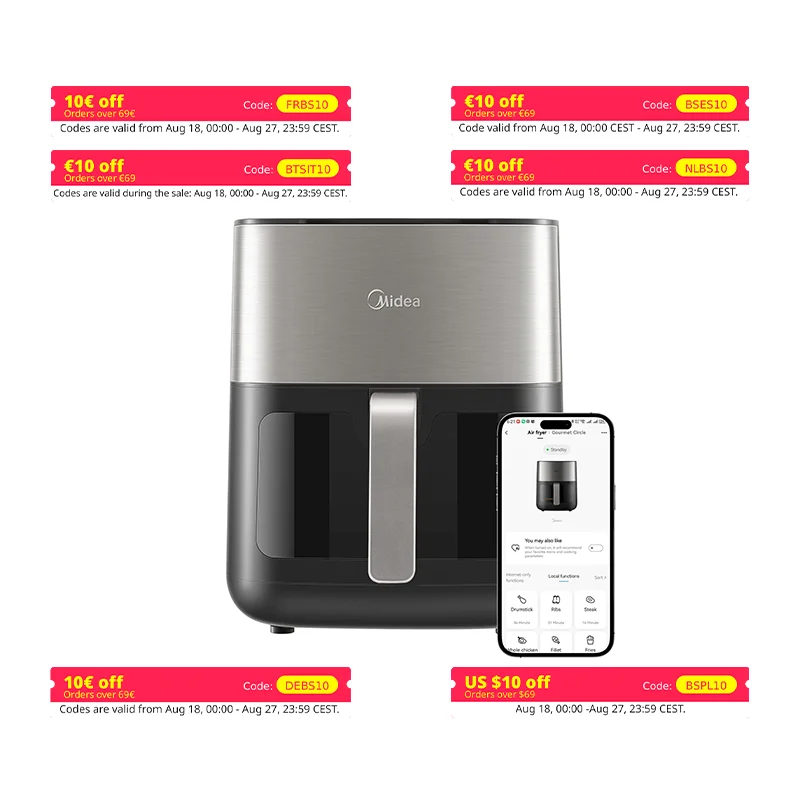 MIDEA Freidora de aire caliente 6.5L XL Pantalla táctil LED Calefacción ajustable Temporizador de temperatura del viento Menos aceite 2000W Cinta negra