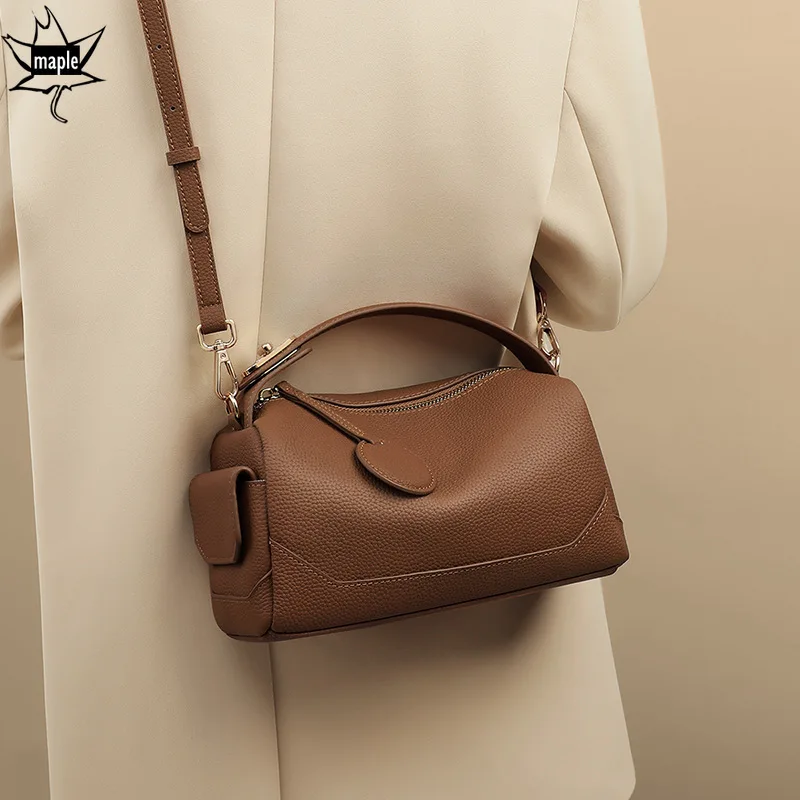 New 2024 Caramel Color Lock Handle Design Tote Soft Cowhide Leather Women's Handbag Office Commuter Ladies Shoulder Bag