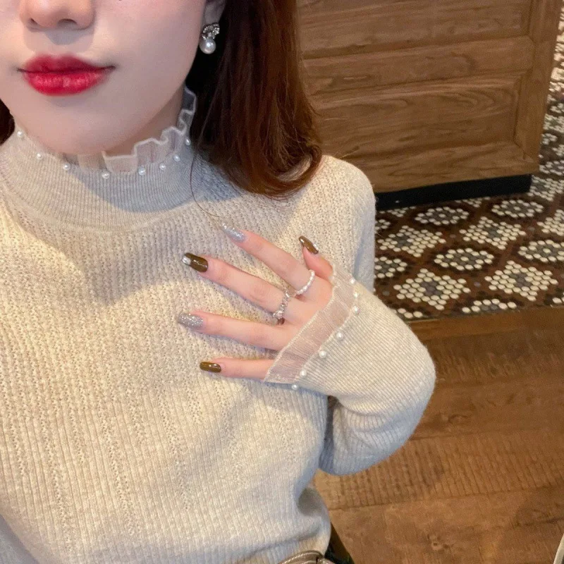 

Elegant High Neck Lace Women's Sweater Slim Fit Base Layer Pearl Knitwear Large Size Fashionable Autumn Winter Top