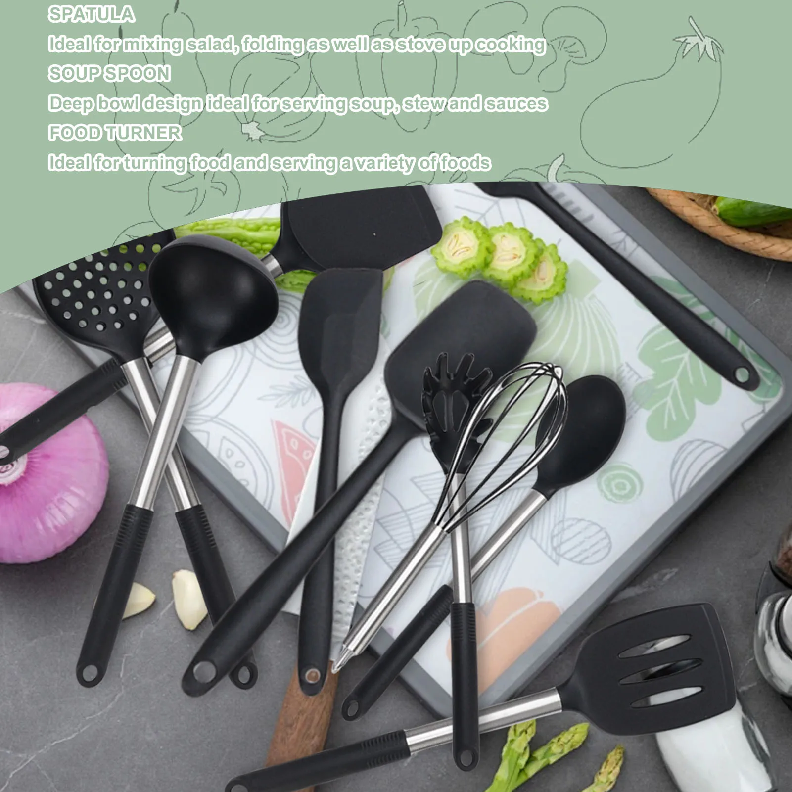 

Универсальный набор кухонной утвари — вращающееся хранилище, лопаточка с антипригарным покрытием/кисть/венчик/сервер для пасты (силикон + нержавеющая сталь)