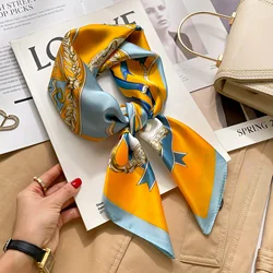 Elegant Women's Satin Square Scarf With Orange-Blue Altar Print Imitation Silk Scarf Breathable Windproof Fashion Accessory