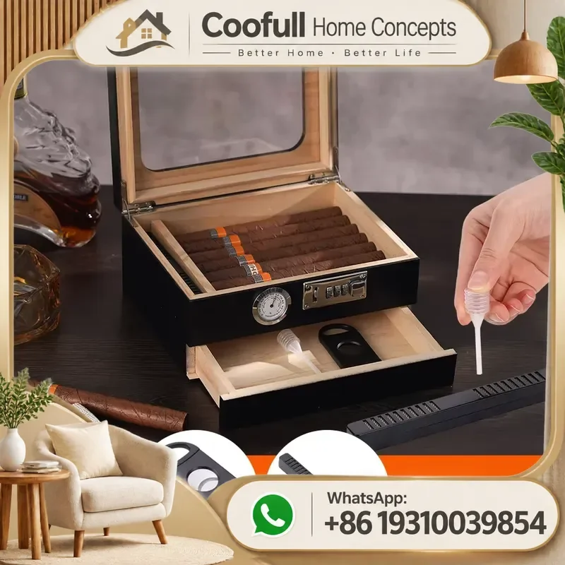 Cigar Humidor Glass Top Desktop Box With Digital Hygrometer Humidifier Divider For Cigar Storage Accessories Gifts