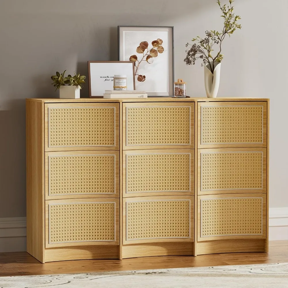 

9 Drawer Dresser for Bedroom, Boho Rattan Dresser, Modern Wood Storage Chest of Drawers with Handle-Free Design, Press to Pop U
