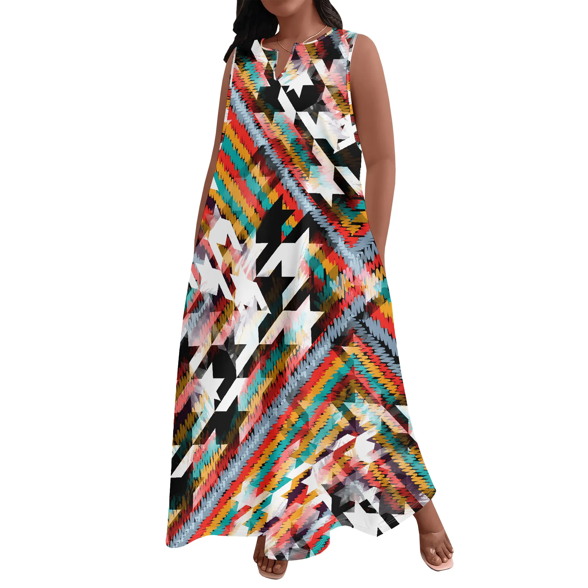 Sukienka letnia plus size damska, modna, z nadrukiem w stylu afrykańskim, bez rękawów, z okrągłym dekoltem w kształcie litery V, luźna i codzienna.