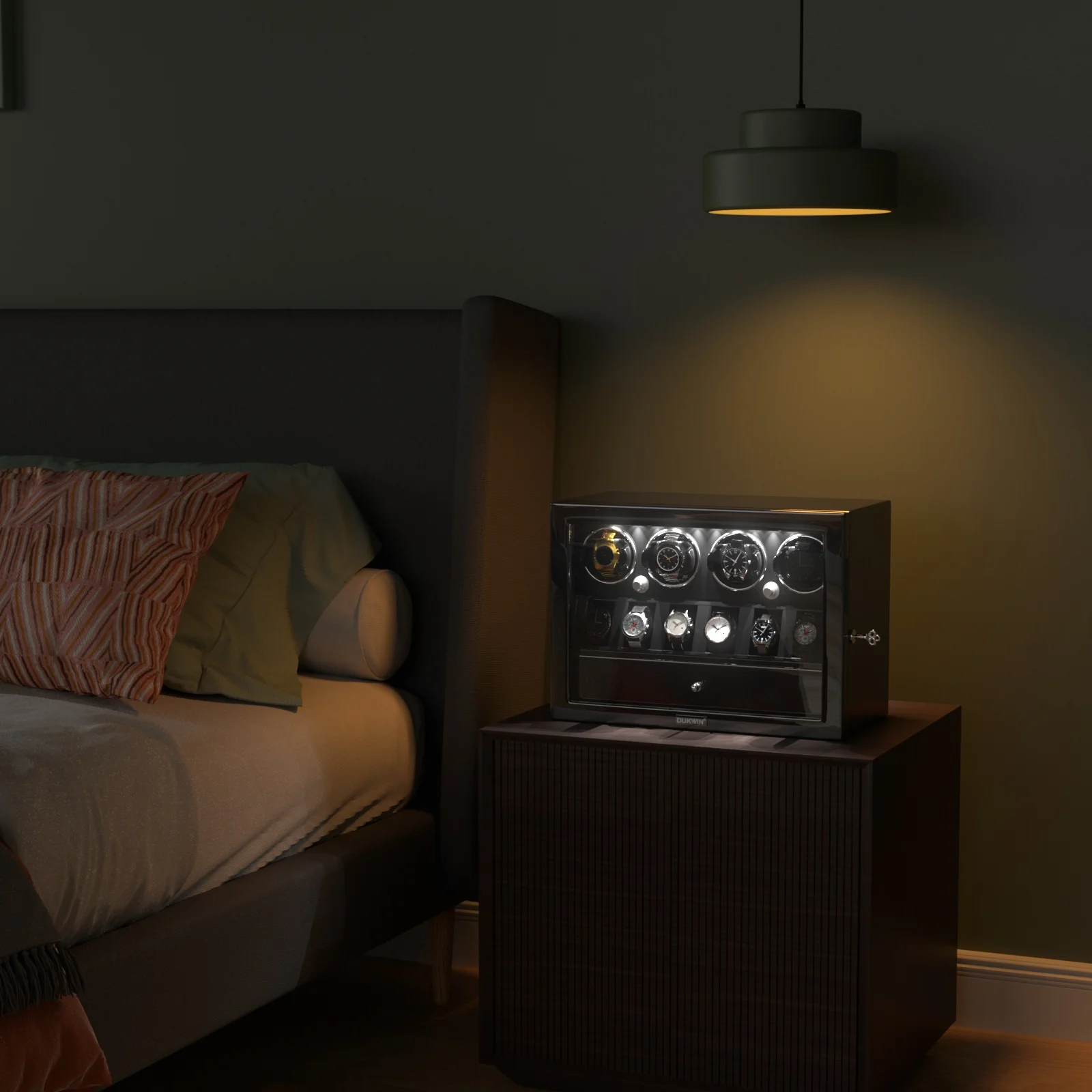 Winder jam tangan otomatis untuk jam tangan Rolex 4 slot dengan 6 kotak penyimpan jam tangan Mabuchi Motor senyap lampu LED