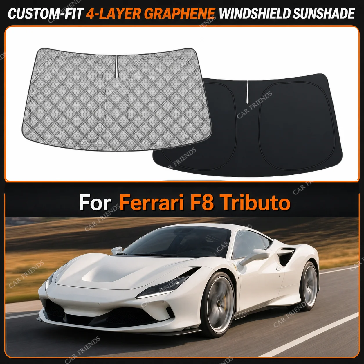 For Ferrari F8 Tributo Custom-Fit 4-Layer Graphene Windshield Sunshade Reflective Gray-Silver Surface Foldable Design