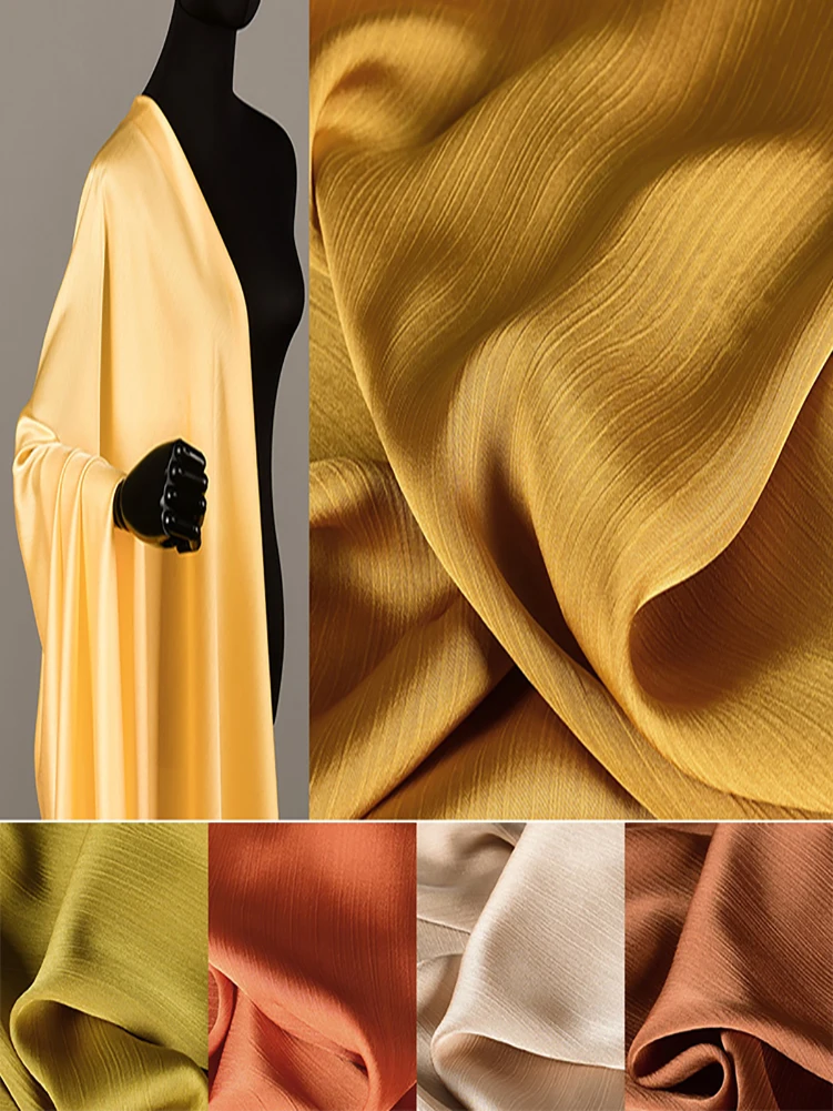 Camel Yellow Chiffon Glossy Satin Crepon Fabric for Sewing Dresses Spring and Summer Thin Chiffon by Half Meter