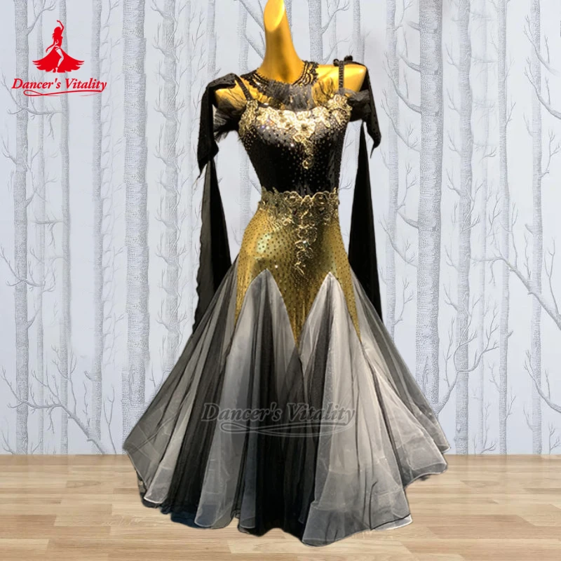 Two-color Stitching Waltz Professional Elegant Dresses with Necklace Ballroom Dance Wrap Hips Outfit Customize Dancer's Vitality