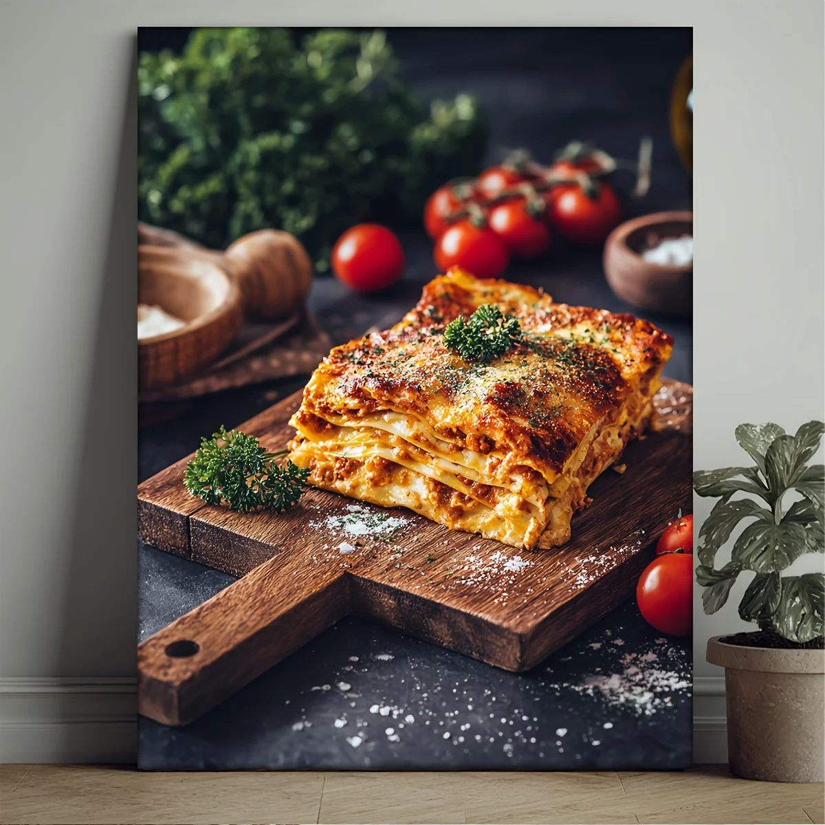 1pc Italian Food Poster - Lasagna Dish with Cheese, Tomato Sauce - Modern Italian Kitchen Decor - Ready-to-Hang Framed Wall A