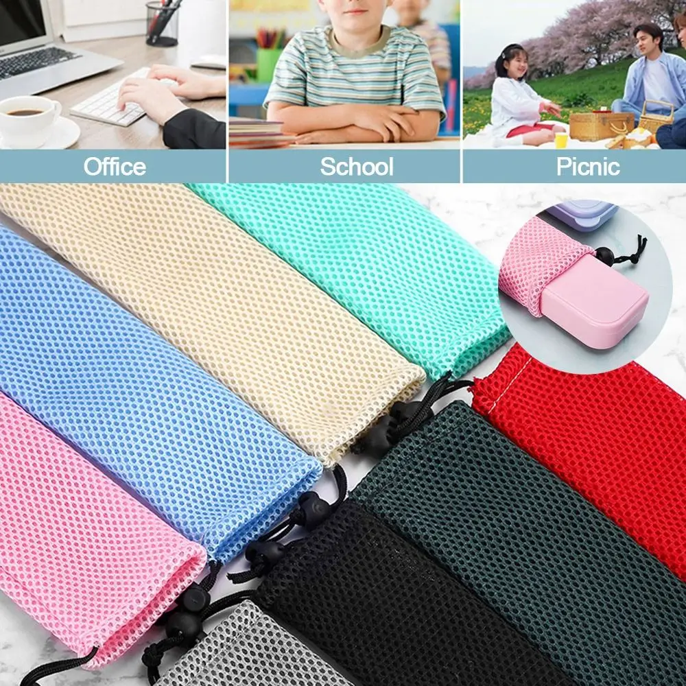 5Pcs Portable Travel Tableware Storage Bag Durable Nylon Mesh Drawstring Bag Chopsticks Spoon Straw Mesh Pouch