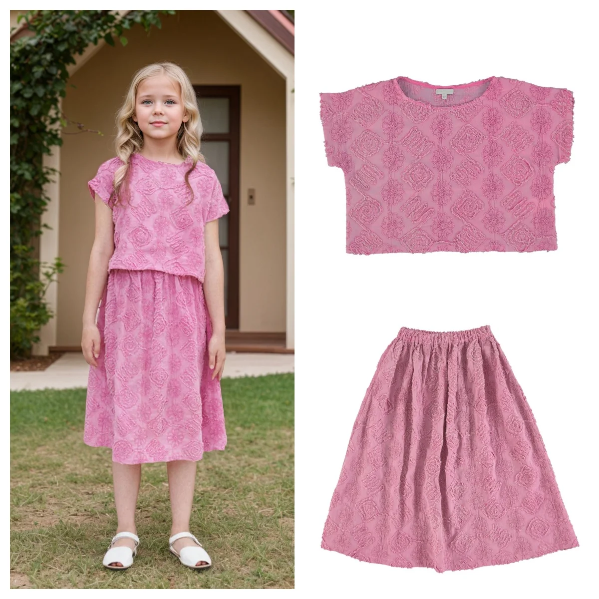 

New Korean Style Girls' Summer Pink Cotton Suit Baby Hollow Small Flying Sleeve Top + Skirt Two-piece Sweet Baby Girl Dress