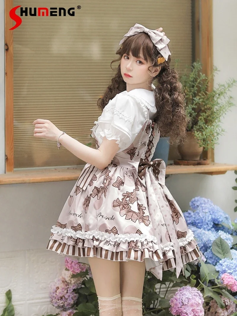 

Japanese Elegant Sweet Printed Bow Sleeveless JSK Suspender Dress Doll Collar Short Sleeve White Shirt Top Two-piece Set Women