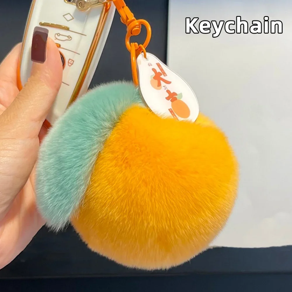 Cute Cartoon Oranges Keyrings Good Luck Real Fur Rex Rabbit Hair Tangerine Car KeyChain Pendant Plush Bag Gift Tote Bag Ornament