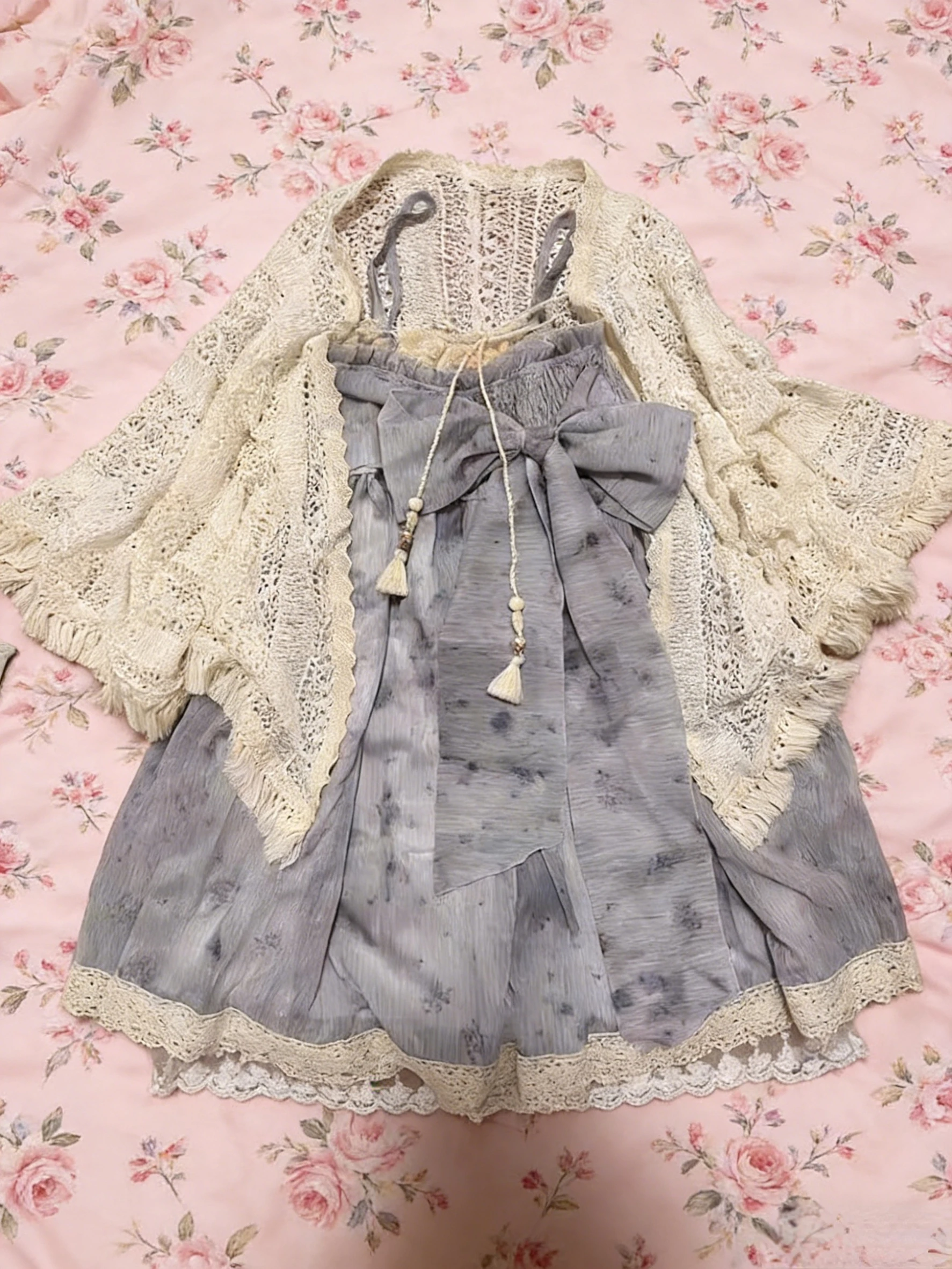 Y2K Vintage 2-teiliges Outfit Damen Spitzenbesatz Cami-Kleid Strick-Schal-Set Süßes Kawaii Fairy Grunge Ästhetisches Sommer-Kleiderset 2026