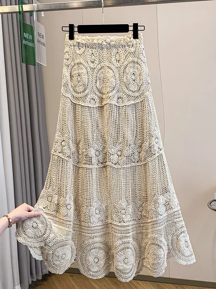 Retro Lace Hollow Knitted Half Skirt Women Summer Bohemian Beach Vacation A-Line Long Skirt Loose Fit Elastic Waist Skirt