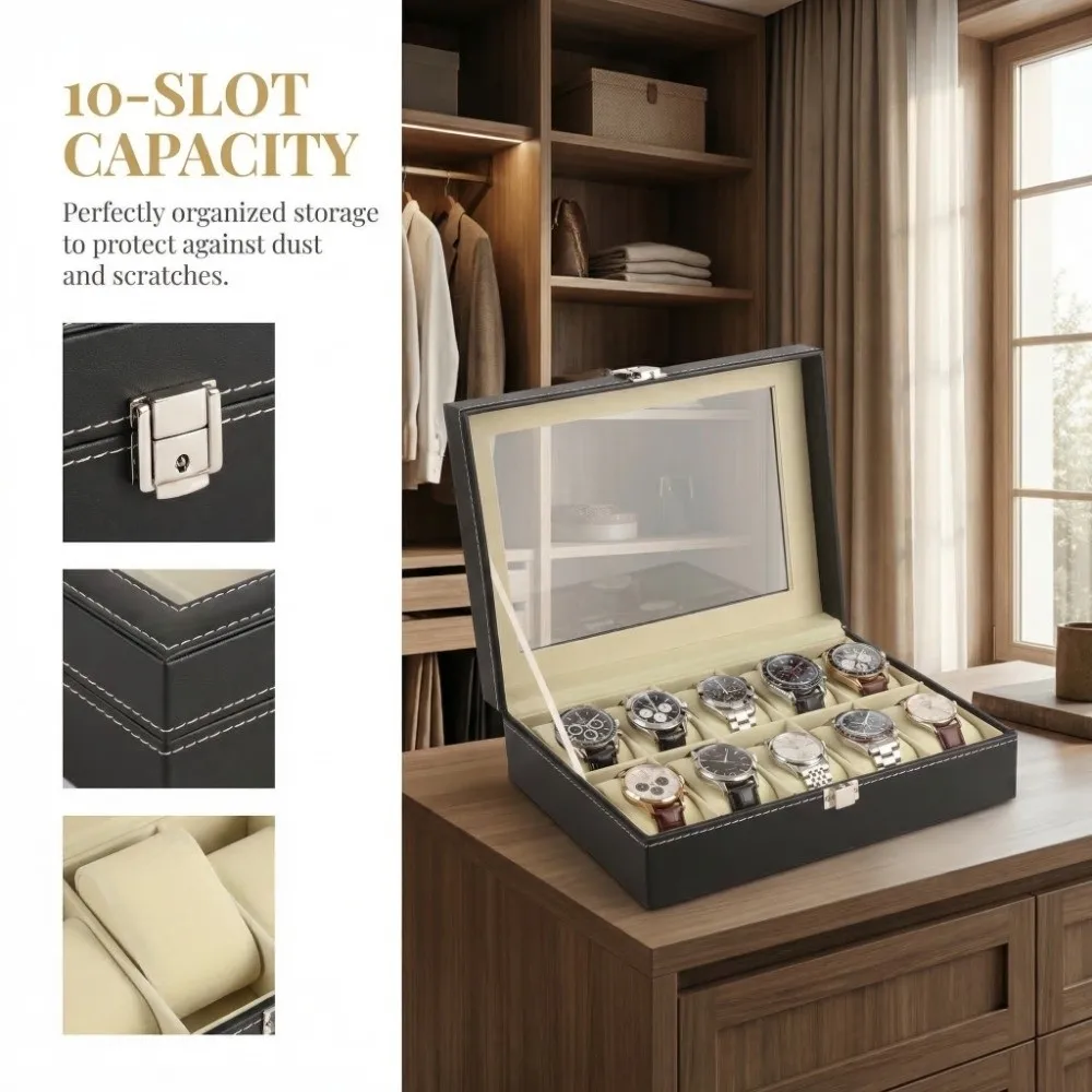 

Коробка для хранения часов Easy Clean на 10 слотов, из искусственной кожи, черная, пылезащитный футляр для демонстрации часов, домашний органайзер
