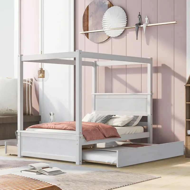 White Solid Wood Four Poster Bed with Storage Drawers Customizable Multifunctional Bedroom Furniture