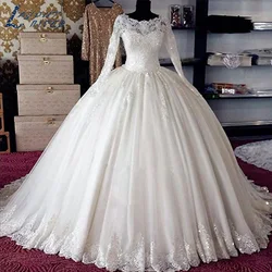 Zj9155 personalizado 2024 sexy requintado o-pescoço mangas compridas bola vestido de casamento brilhante cristal sem costas vestido de noiva para mulher
