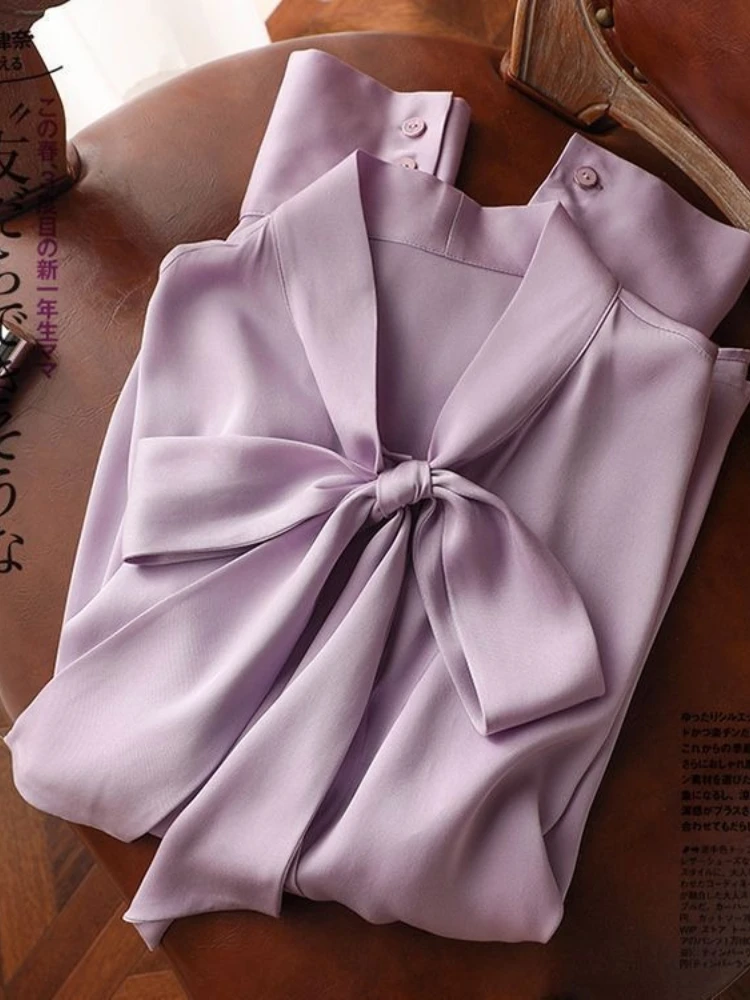 Chiffon Blouse For Women Solid Color Long Sleeve Bandage Bow Shirts Loose Summer Vintage Blouses Tops Camisas De Mujer 2025
