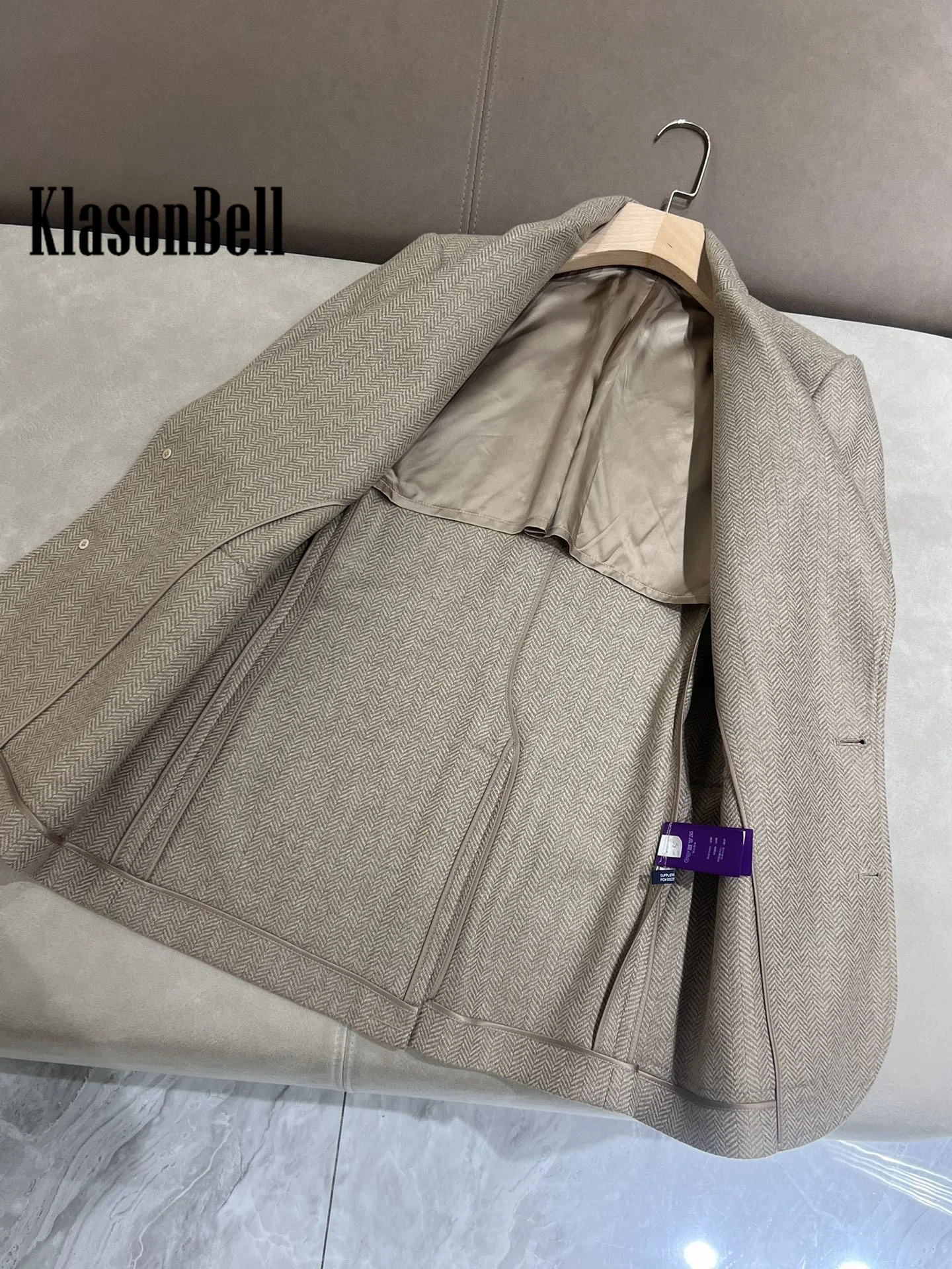 9.24 KlasonBell Classic Wool Herringbone Single Breasted Slim Blazer Long Sleeve Spliced Suede Leather Big Pocket Jacket Women