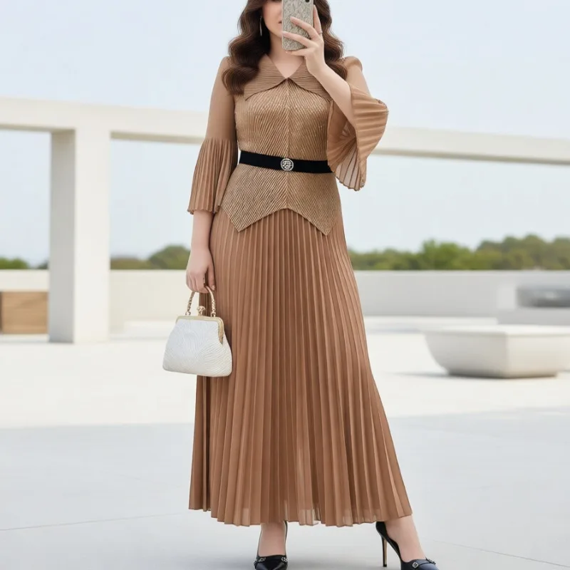 بدلة نسائية مياكي بطيات 2026 موضة أوروبية جديدة ختم الخصر بلوزة رقيقة مزاجه أنيقة Plisse نصف تنورة 2 مجموعات