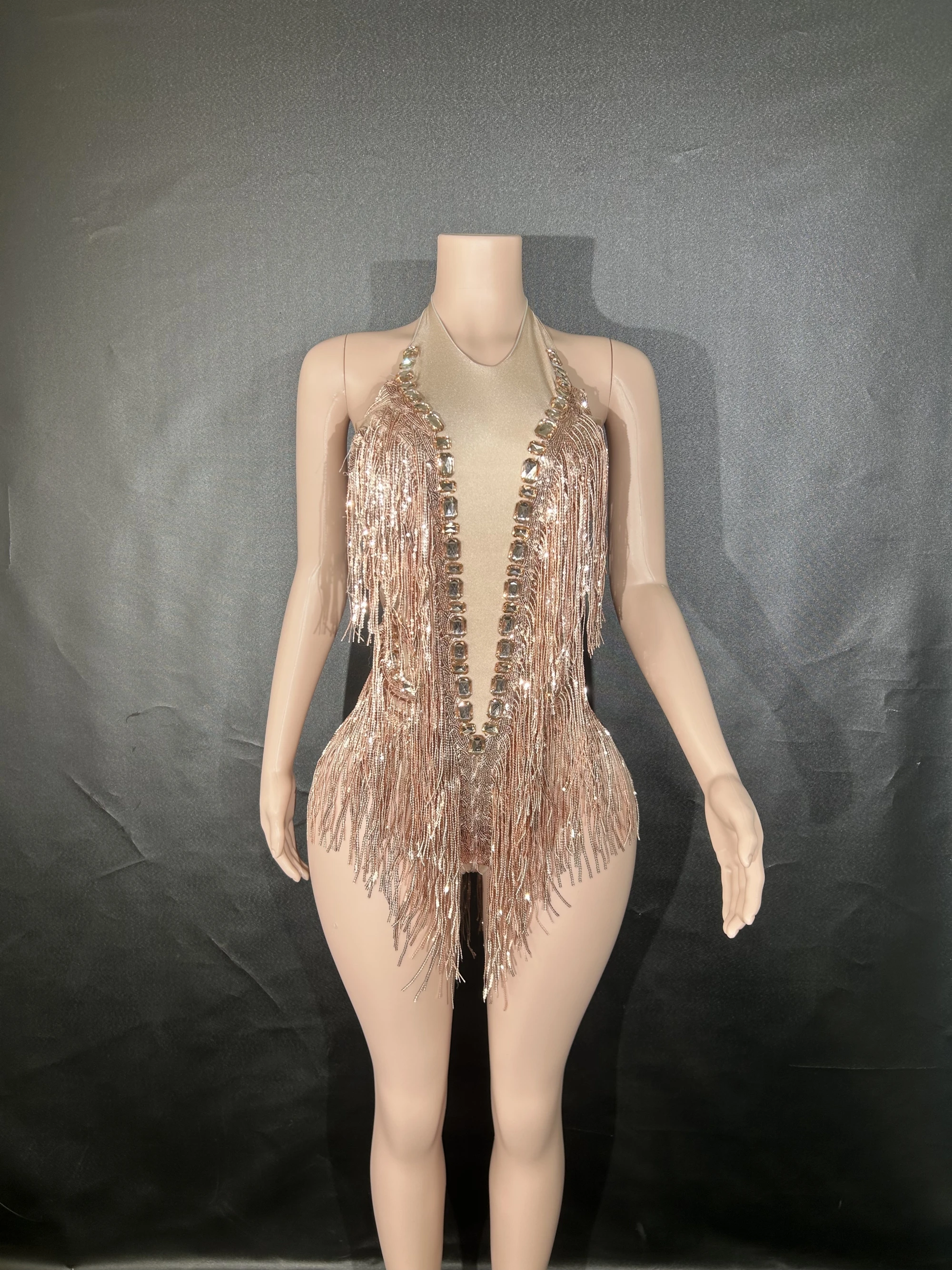Sparkly Rhinestones Sequins Tassel LeotardWomen Nightclub Outfit Singer Dancer CostumeStage Wear Sexy Performance Bodysuit  7G