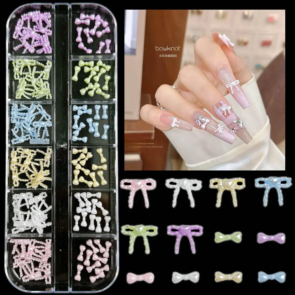 1 caixa doce brilhante 6 cores laço resina decorações da arte do prego adorável mini laços arcos encantos do prego para diy ornamentos de unhas de fadas