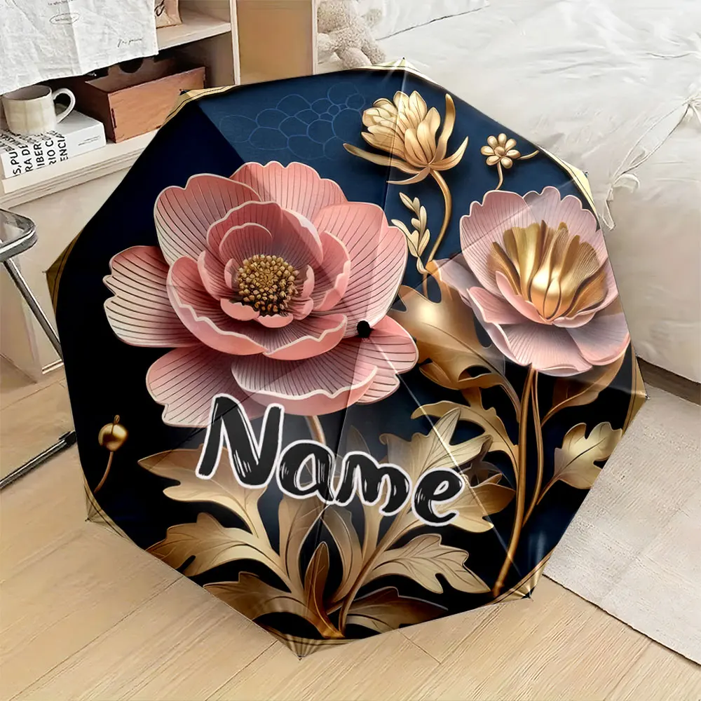 Custom Name Umbrella,Elegant Pink and Gold Floral Design on Dark Background Umbrella