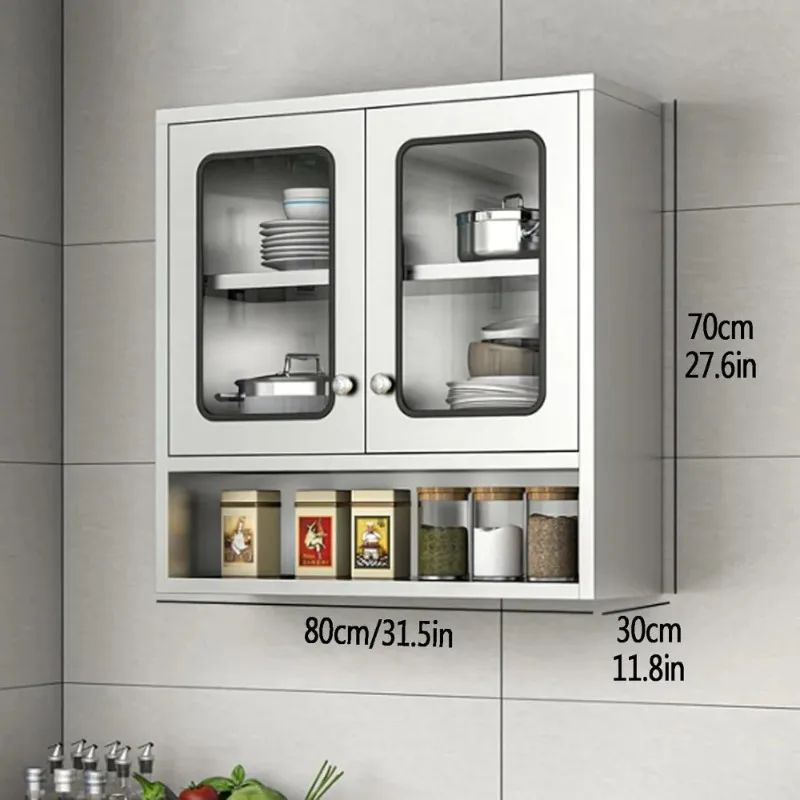 Stainless Steel Wall Mounted Storage Cabinet, Glass Doors Rustproof Kitchen Floating Cupboard