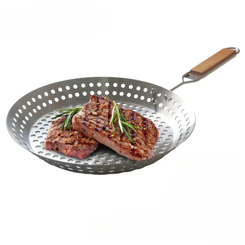 Runde ausgehöhlte Grillplatte mit Holzgriff, Outdoor-Gemüse-Grillplatte, tragbare Grillpfanne für den Außenbereich