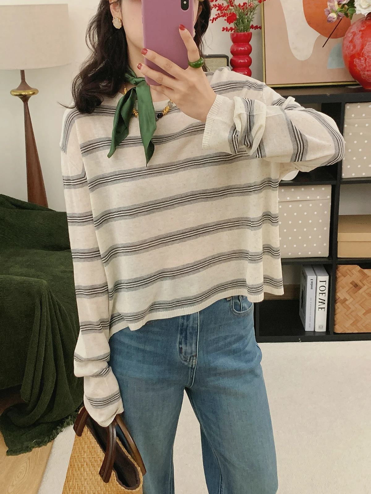 

Женский осенний тонкий вязаный топ в стиле ретро с полосками, свободного кроя, с длинным рукавом, из смесового льна, с круглым вырезом, повседневный, в стиле lazy style