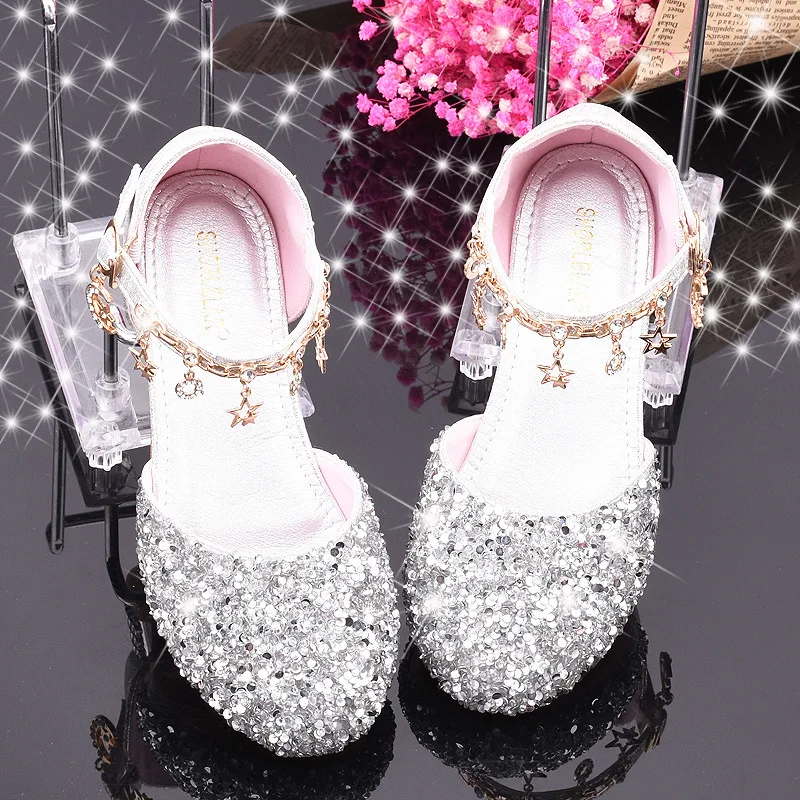 Girls' high-heeled little princess stage performance, runway show, piano silver paired with evening dress and crystal shoes
