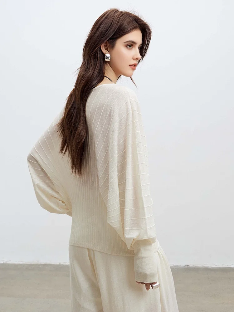 SuyaDream, Pullovers for Woman, 31%Wool, Slash Neck, Bat Sleeved, Chic Sweaters, 2025 Fall Winter Top, White