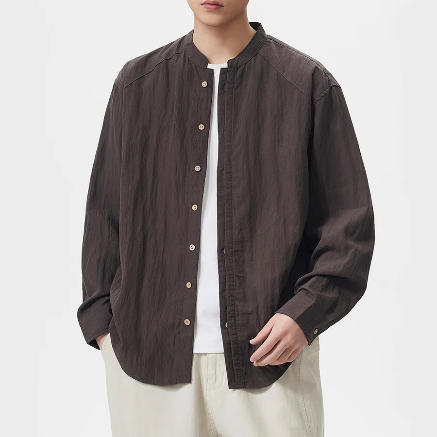 Men Old Money Vintage Fashion Long Sleeve Loose Commute Shirt Male Spring Summer Clothes Stand Collar Lightweight Casual Shirts